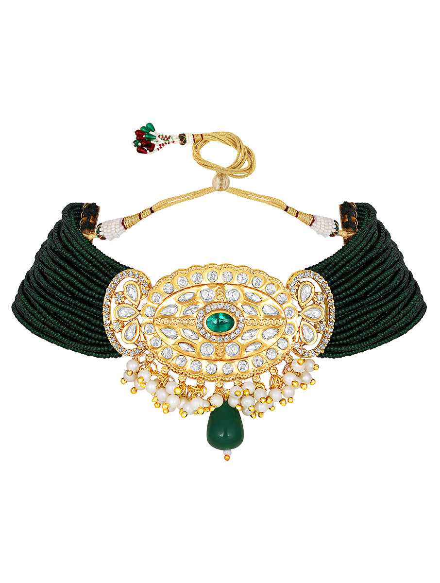 Gold Plated Kundan Necklace with Agate and Pearls