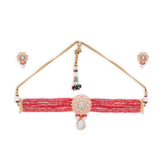 Red Gold Tone Kundan Choker Necklace Set with Pearls