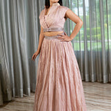 Handcrafted Light Onion Pink Lehenga Set with Gold Stripes.