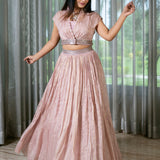 Handcrafted Light Onion Pink Lehenga Set with Gold Stripes.