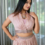 Handcrafted Light Onion Pink Lehenga Set with Gold Stripes.