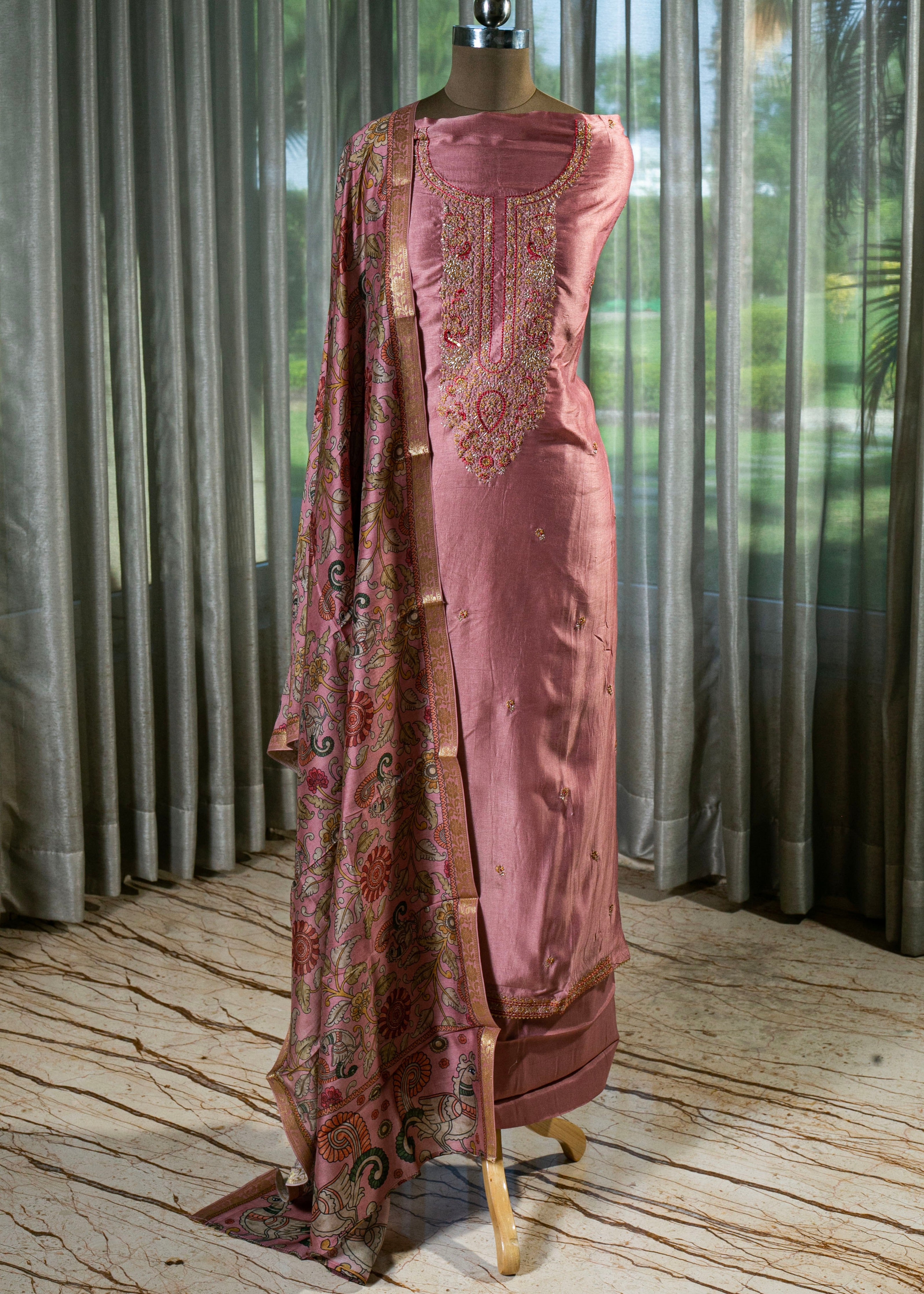 Hand Embroidered Cotton Silk Suit with Intricate Dabka and Thread Work