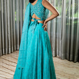 Handcrafted Ferozi Lehenga with Self Colour Bead Work