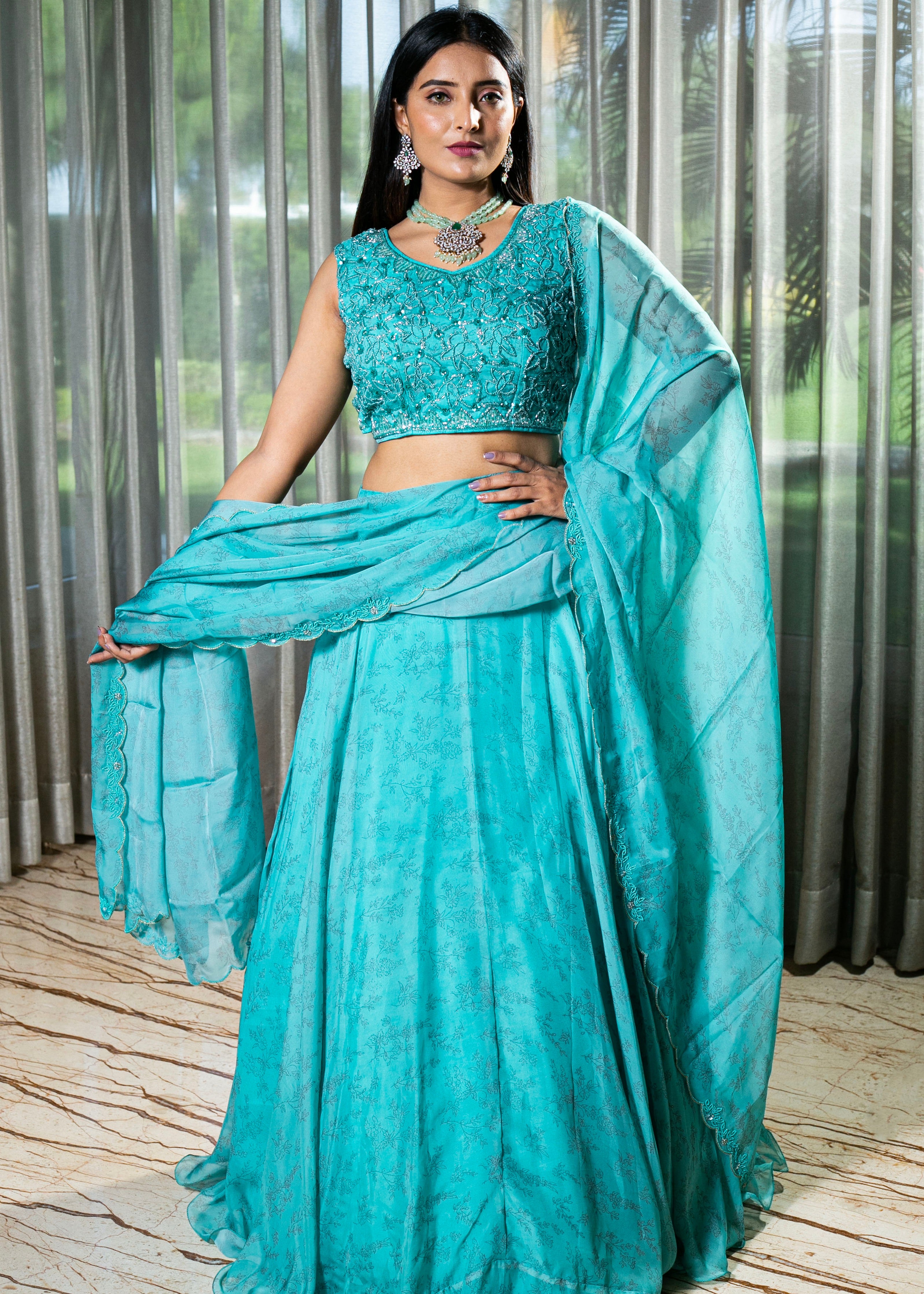 Handcrafted Ferozi Lehenga with Self Colour Bead Work