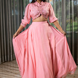 Elegant Pink Organza Lehenga with Crystal and Beadwork