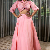 Elegant Pink Organza Lehenga with Crystal and Beadwork