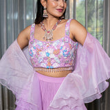 Handcrafted Lilac Lehenga with Multi-Color Sequence Blouse and Ruffle Organza Dupatta