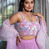 Handcrafted Lilac Lehenga with Multi-Color Sequence Blouse and Ruffle Organza Dupatta