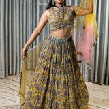 Flared Yellow Lehenga with Intricate Embroidery and Net Dupatta