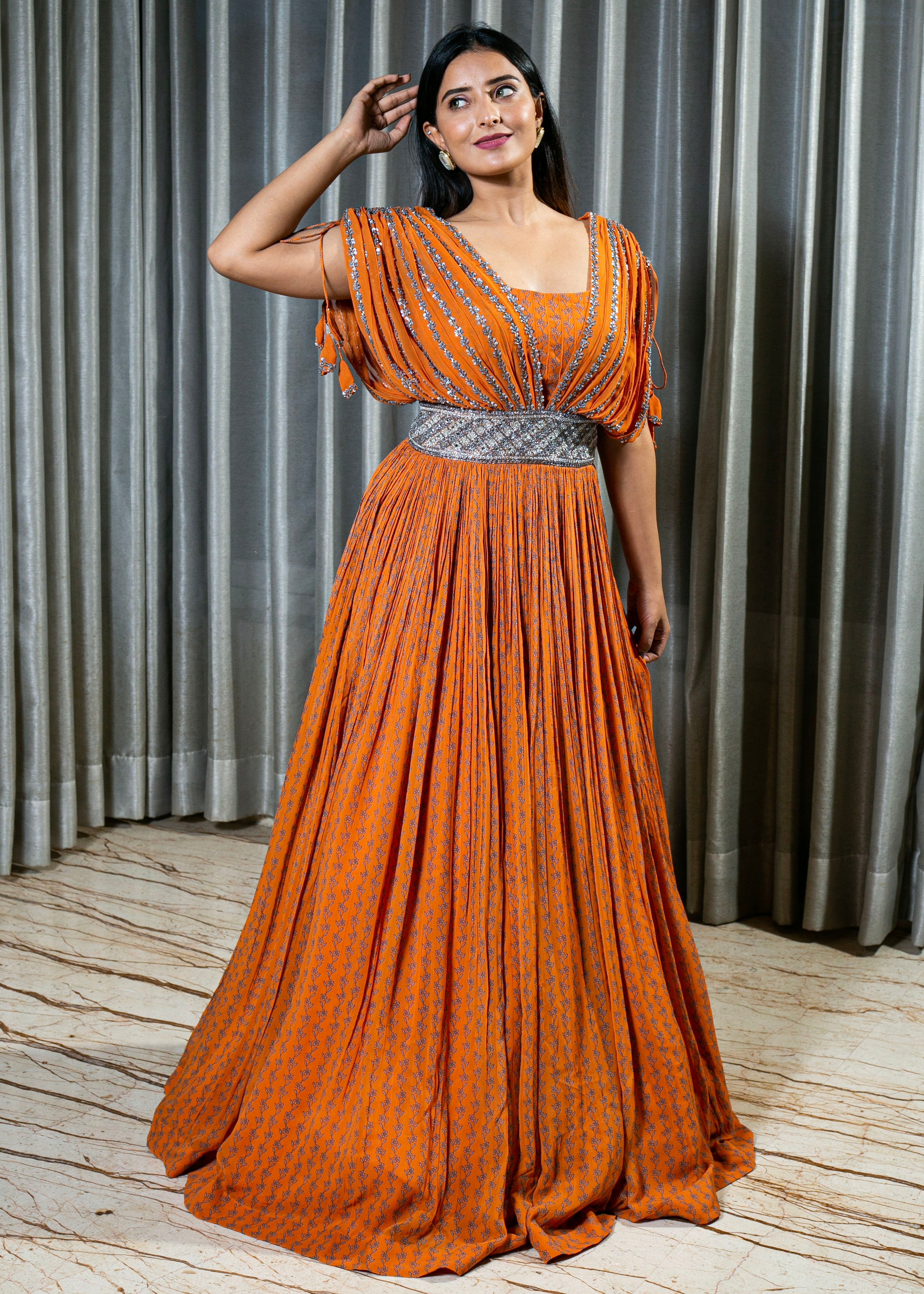 Designer Orange Georgette Dress with Handcrafted Embellishments
