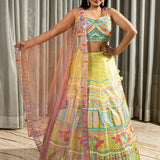 Hand Embroidered Designer Silk Lehenga in Lime Green