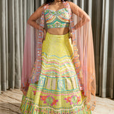 Hand Embroidered Designer Silk Lehenga in Lime Green