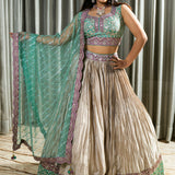 Handcrafted Light Gold Pleated Silk Lehenga with Aari Work Stitched Blouse