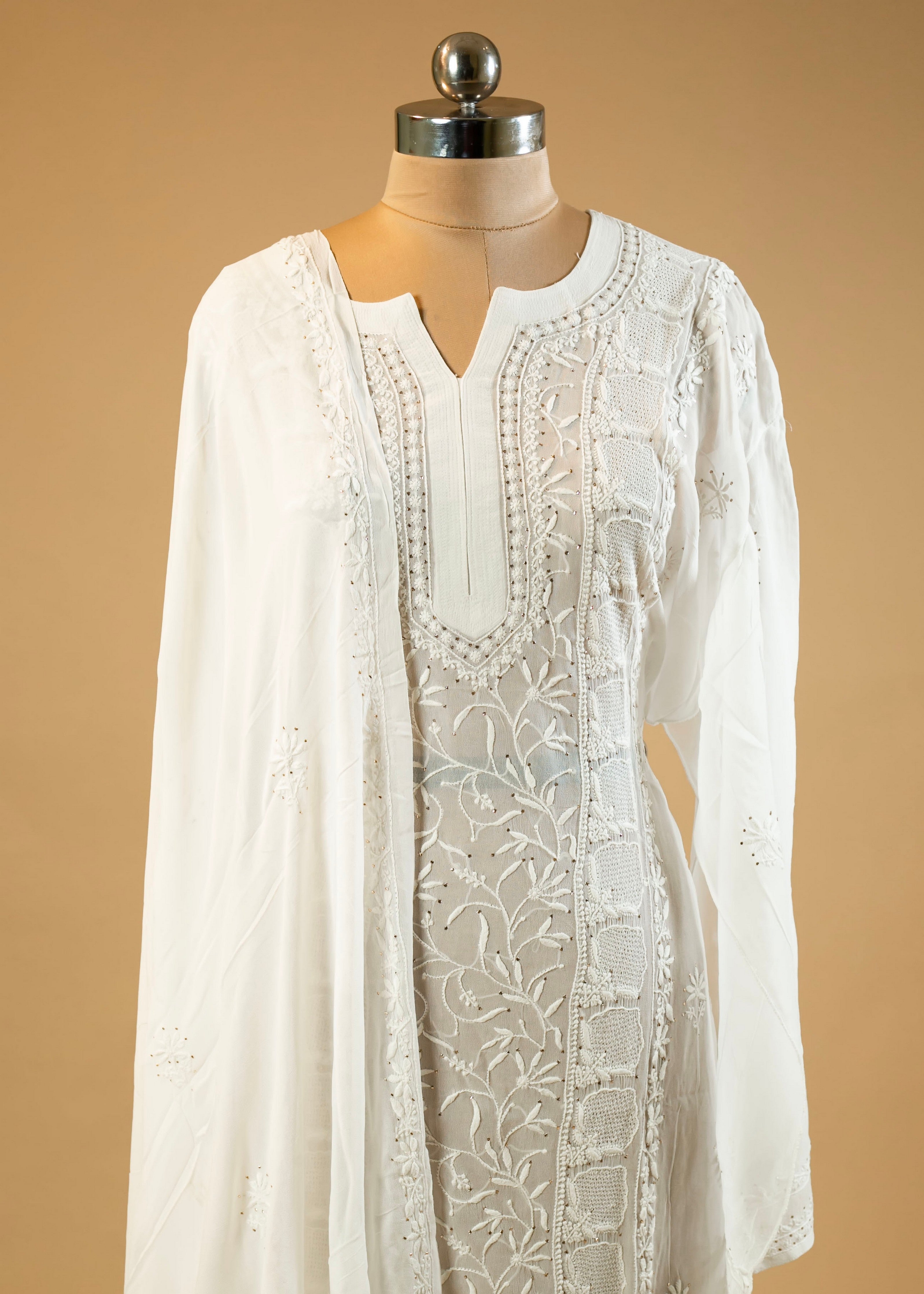 Hand-Embroidered Chikankari Lucknowi Shirt Set - Dyeable Georgette Fabric, Embroidered Dupatta, and Plain Bottoms