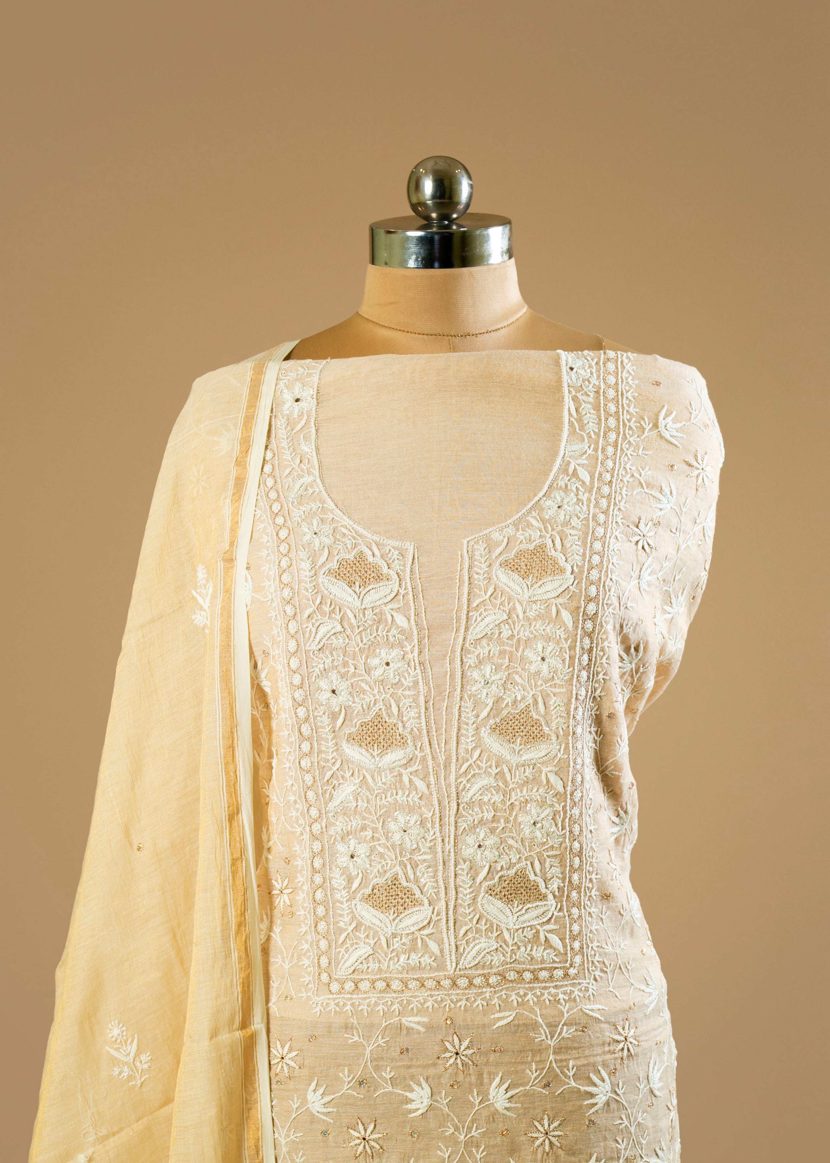 Dyeable Hand-Embroidered Chikankari Lucknowi Shirt with Crystal Pipe Work and Pure Chanderi Tissue Fabric