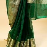 Banarasi Gold Woven Border Georgette Organza Saree with Woven Border Blouse in Bottle Green