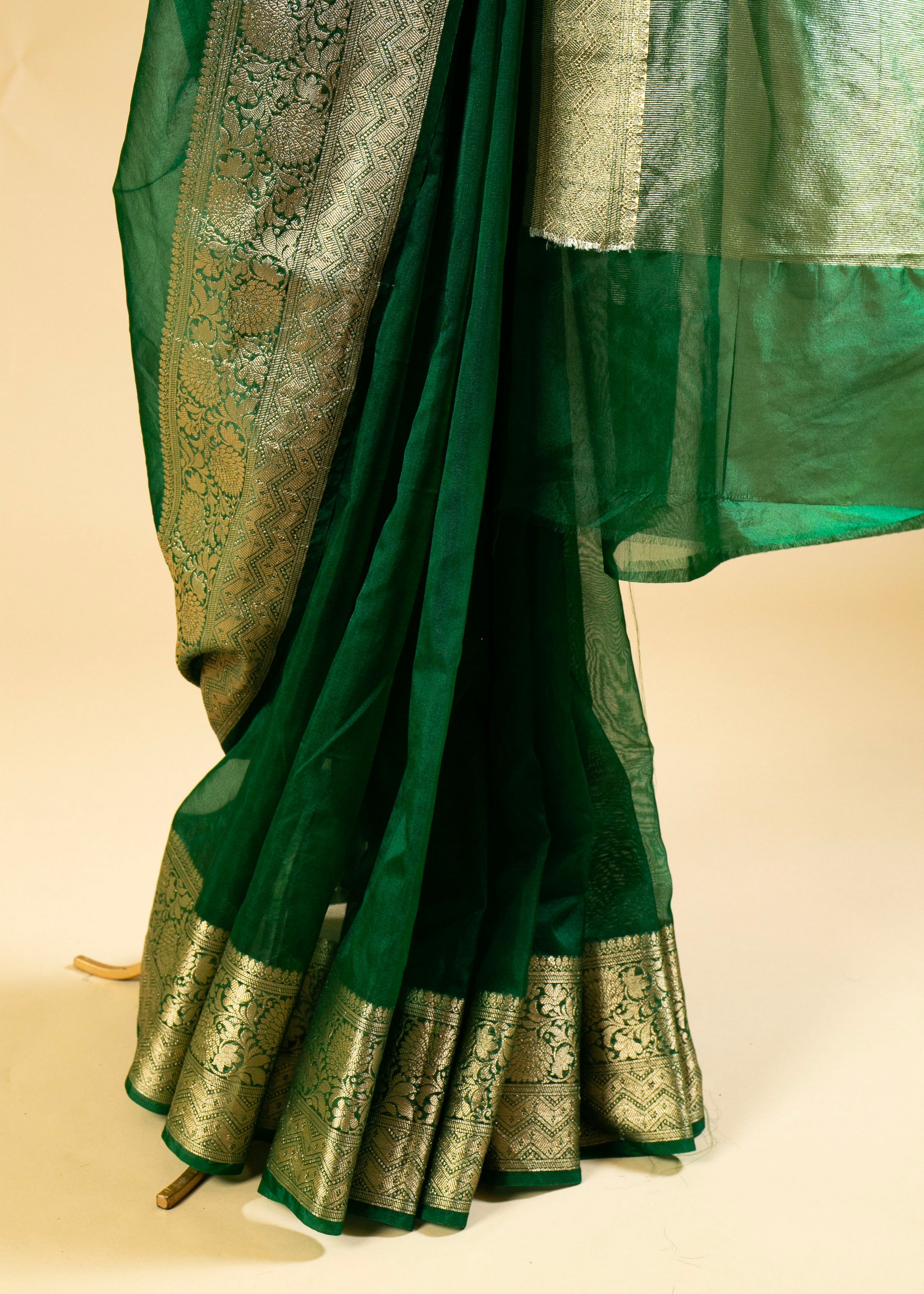 Banarasi Gold Woven Border Georgette Organza Saree with Woven Border Blouse in Bottle Green