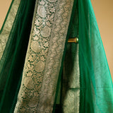 Banarasi Gold Woven Border Georgette Organza Saree with Woven Border Blouse in Bottle Green