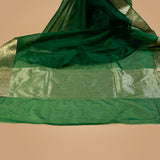 Banarasi Gold Woven Border Georgette Organza Saree with Woven Border Blouse in Bottle Green