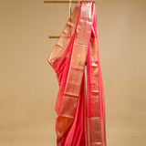 Peach Pink Banarasi Organza Saree with Gold Woven Border