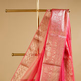 Peach Pink Banarasi Organza Saree with Gold Woven Border