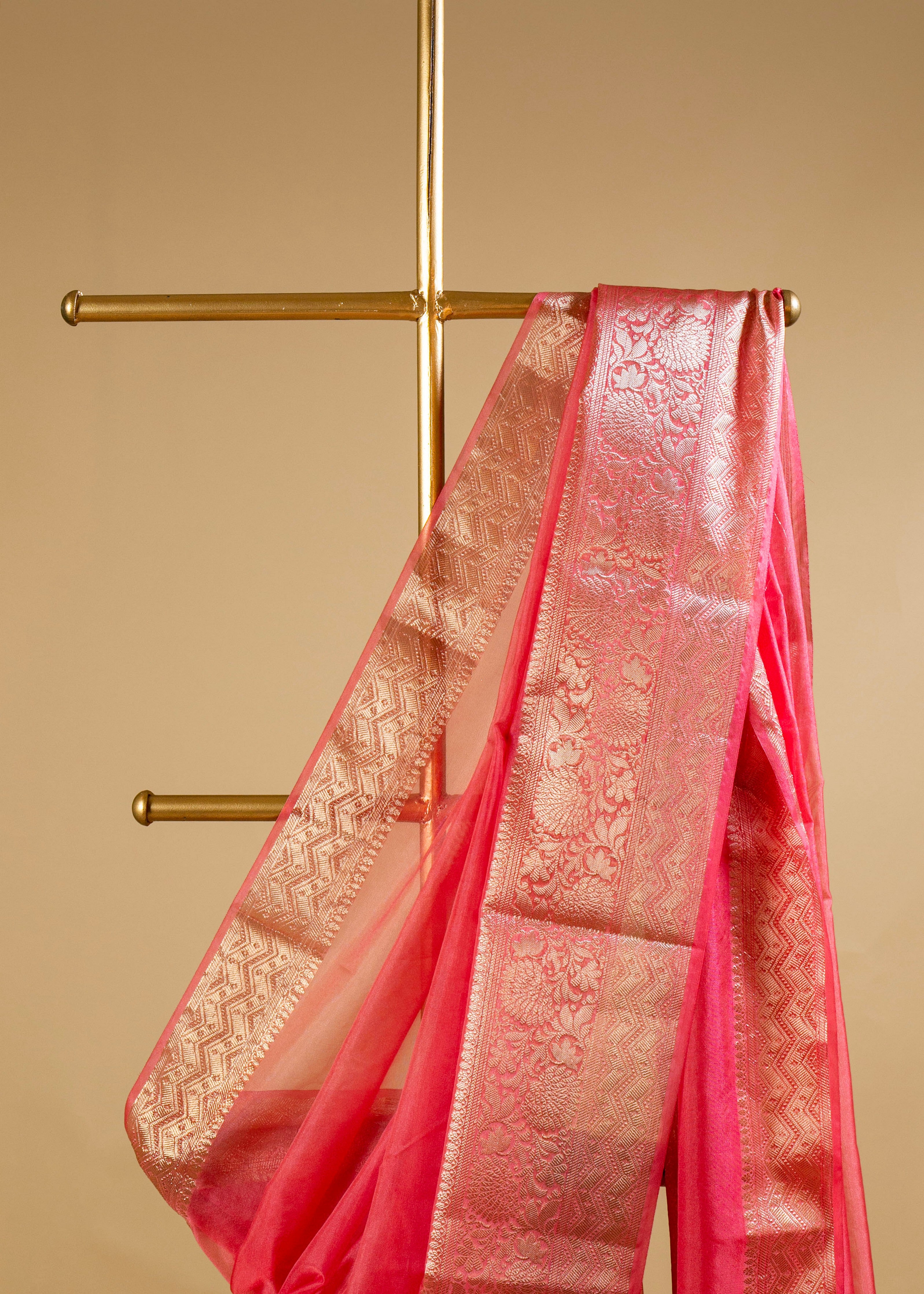 Peach Pink Banarasi Organza Saree with Gold Woven Border