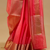 Peach Pink Banarasi Organza Saree with Gold Woven Border