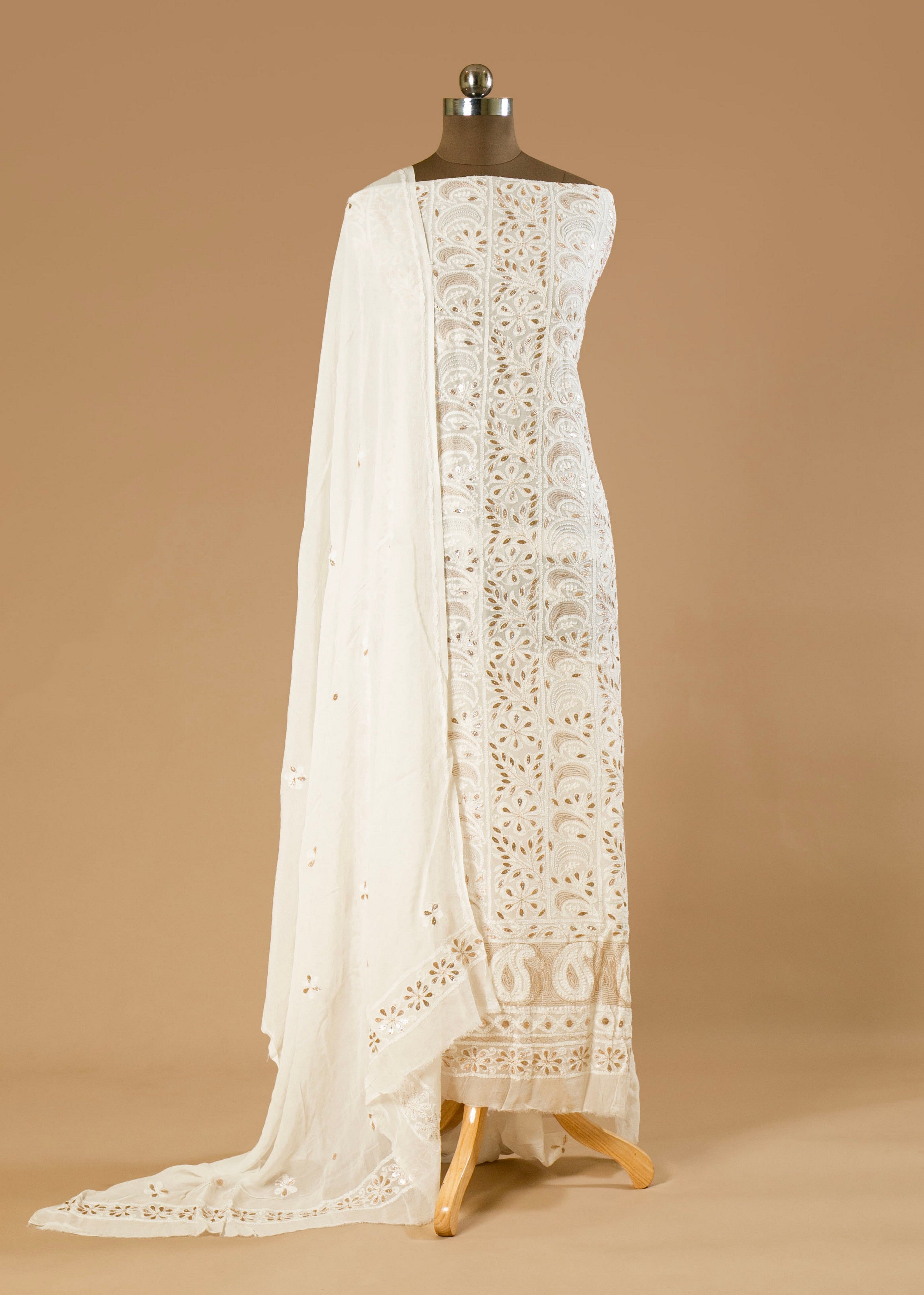 Dyeable Hand-Embroidered Chikankari Lucknowi Suit with Pearl, Gota, and Shadow Work