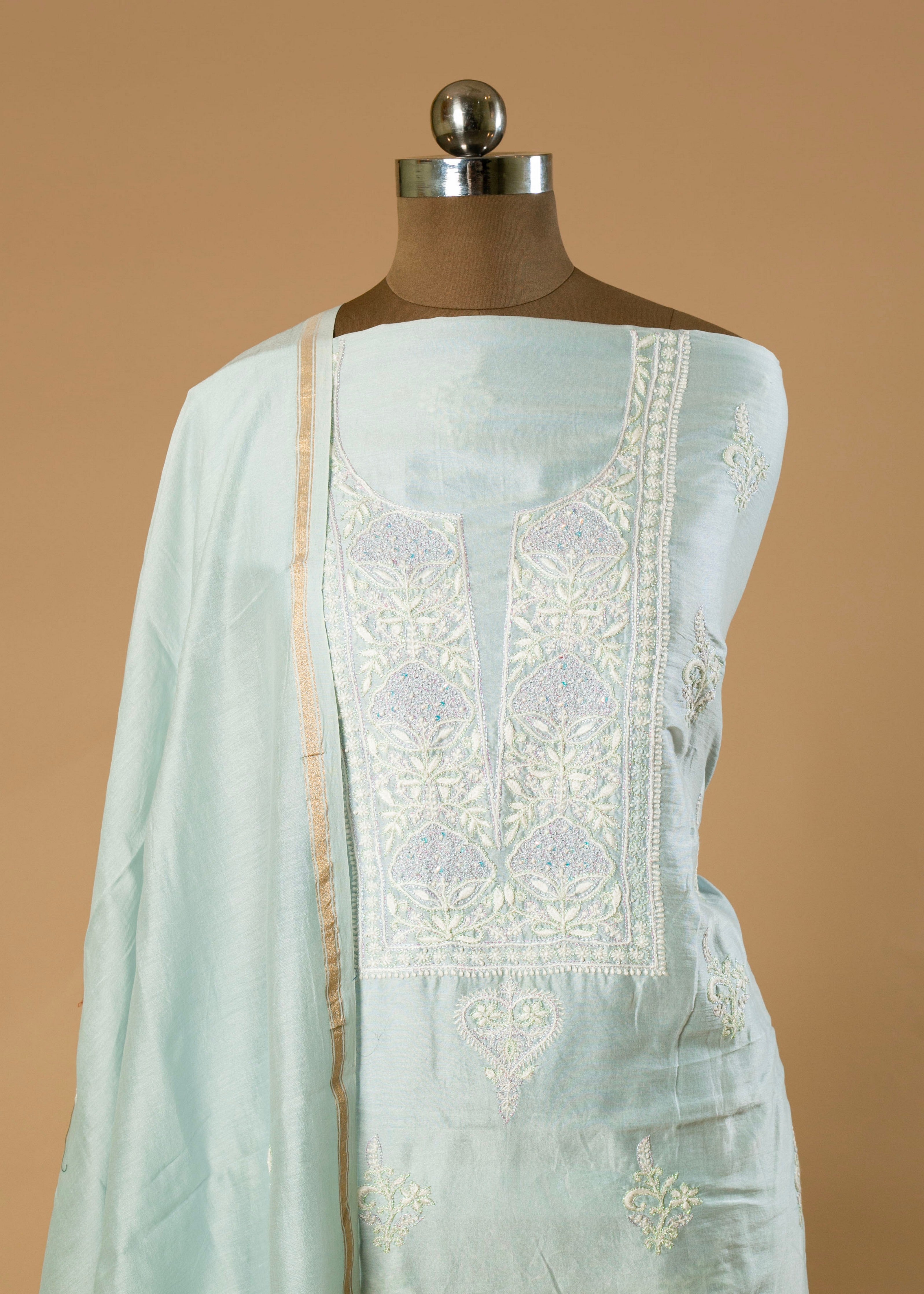 Hand-Embroidered Ice Blue Chikankari Lucknowi Shirt on Pure Chanderi Fabric with Designer Neckline and Thread-Zari Work