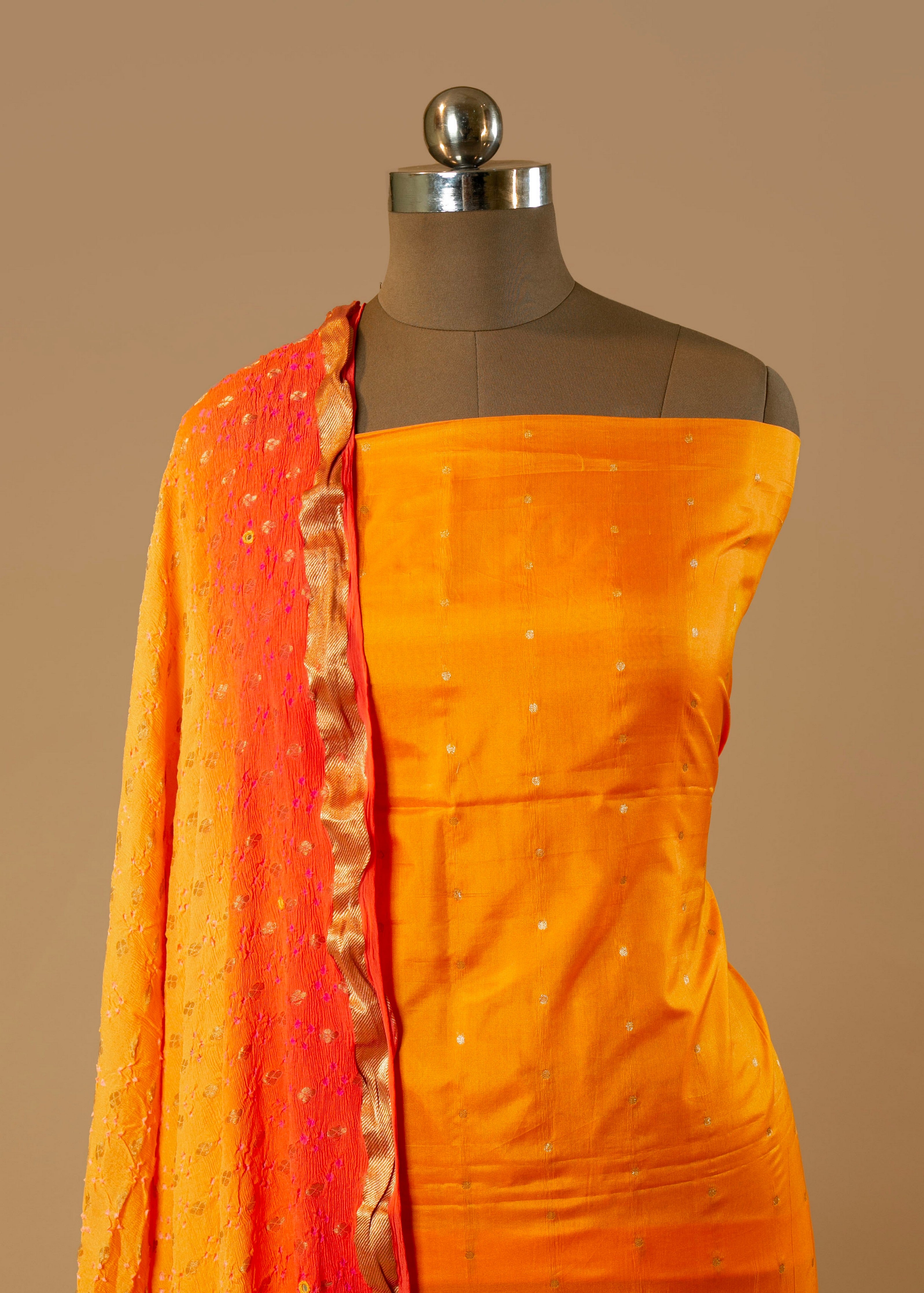 Orange Pure Silk Suit with Gold Zari Woven Buti and Bandhej Dupatta