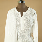 Dyeable Hand-Embroidered Chikankari Lucknowi Georgette Shirt with Traditional Jaali Work and Embroidered Dupatta"