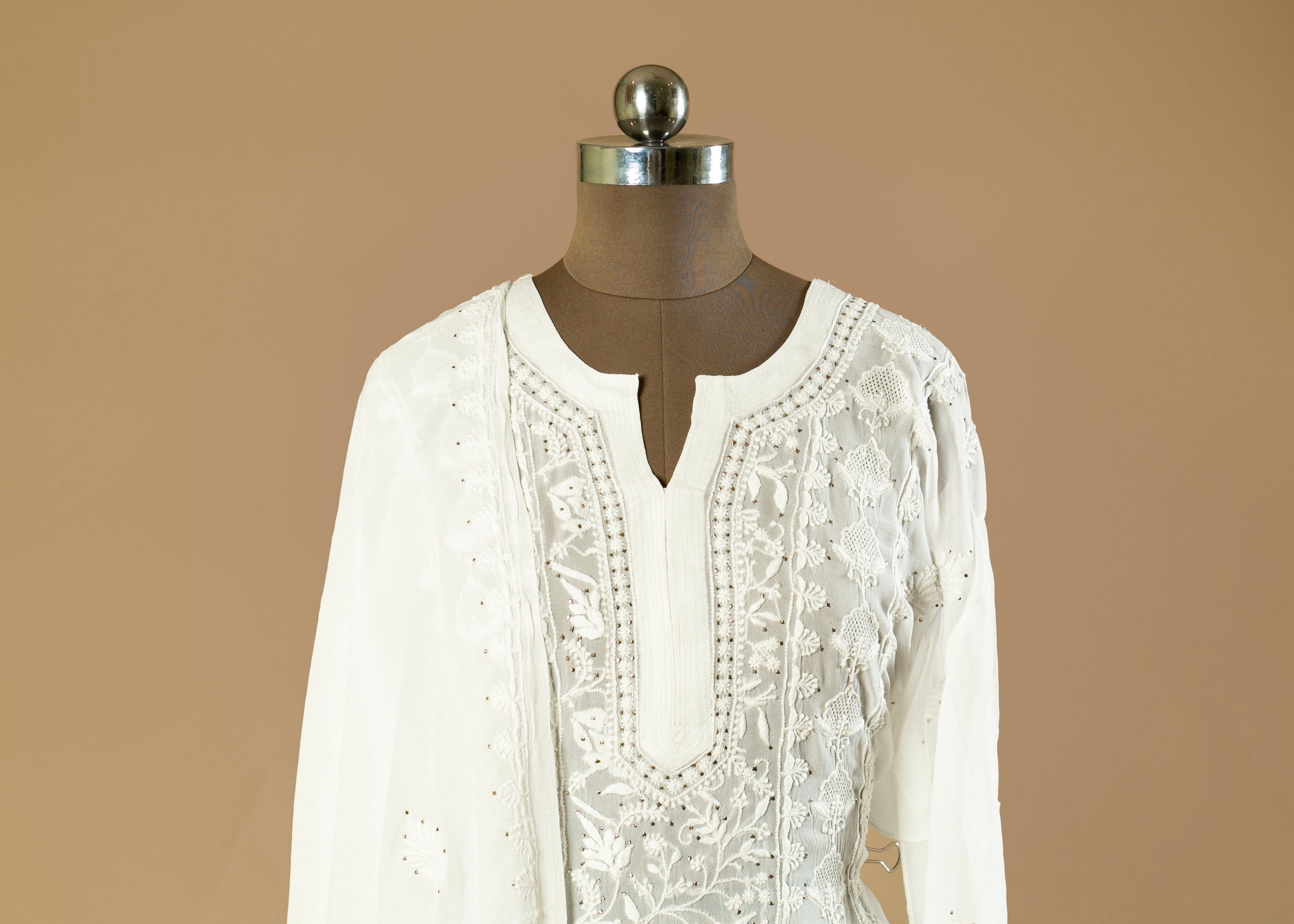 Dyeable Hand-Embroidered Chikankari Lucknowi Georgette Shirt with Traditional Jaali Work and Embroidered Dupatta"